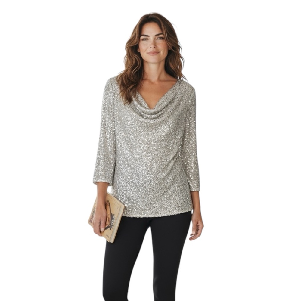 Vince Camuto Women's Sequined Cowlneck 3/4-Sleeve Top, Champagne‎ Silver, Medium
